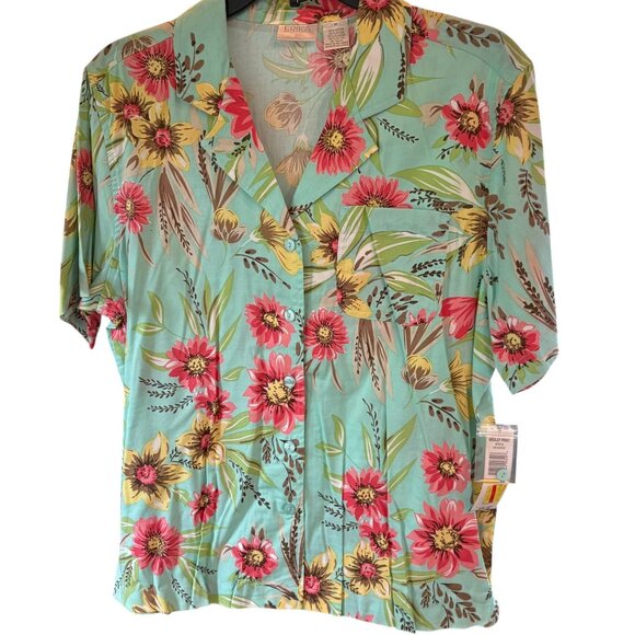 Erika Womens Floral Medley Print Short Sleeve Button-Up Blouse M Cotton & Rayon - Picture 1 of 3